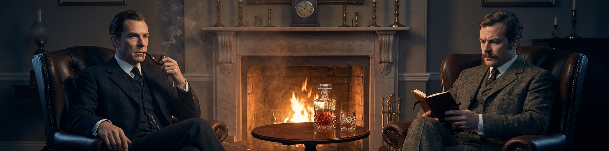 Holmes and Watson by the fireplace — Victorian scene